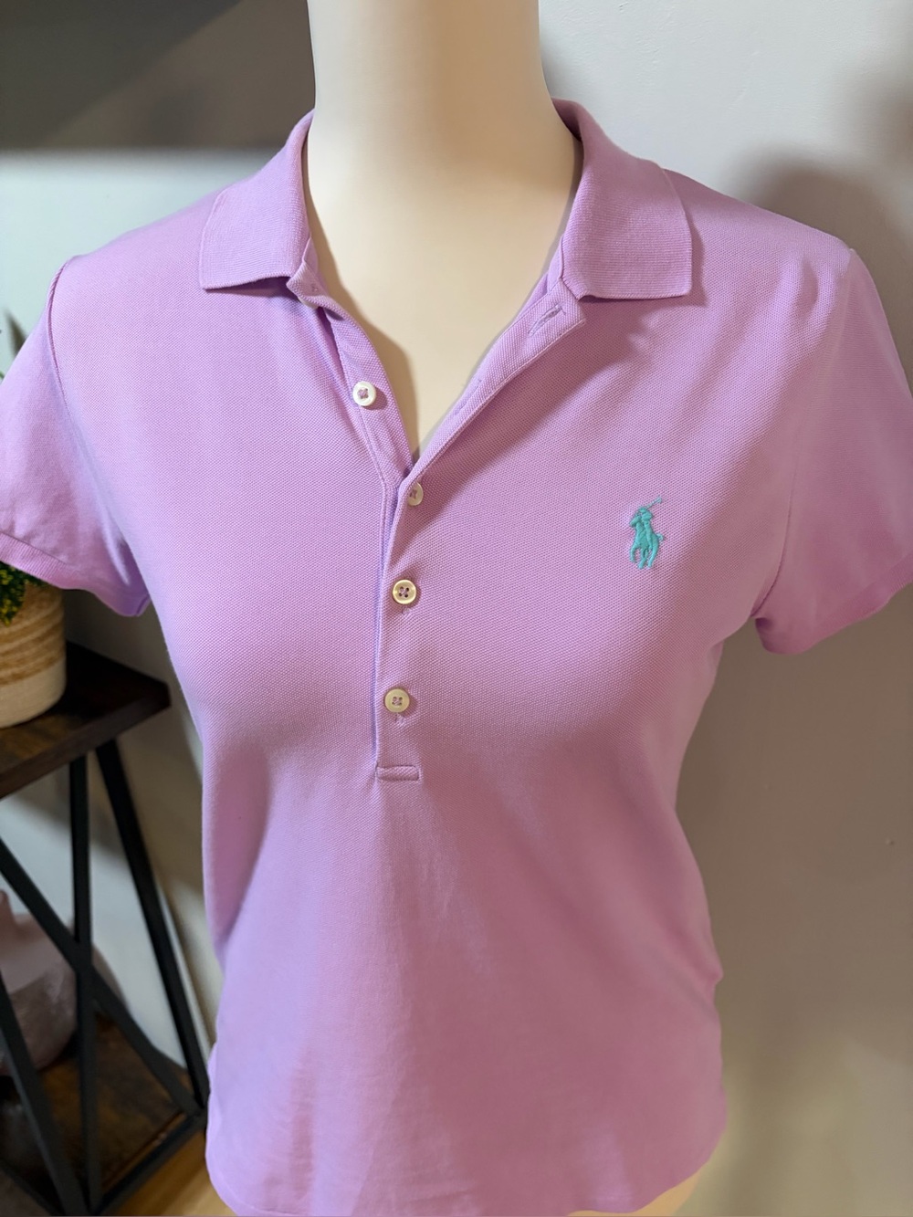 Ralph Lauren Women's Lavender Polo Shirt with Aqua Logo